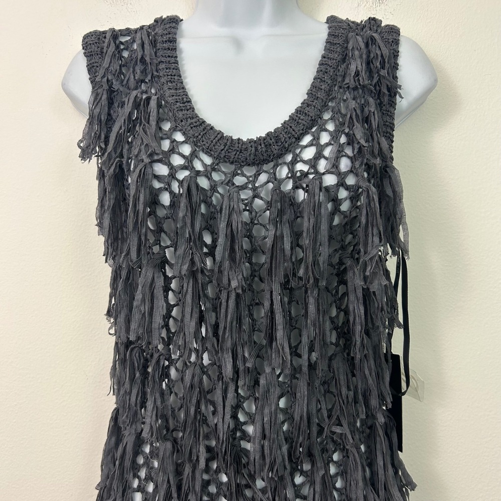 MAK B by Mak Womens Small Gray Crochet Fringe Tunic Top Sleeveless